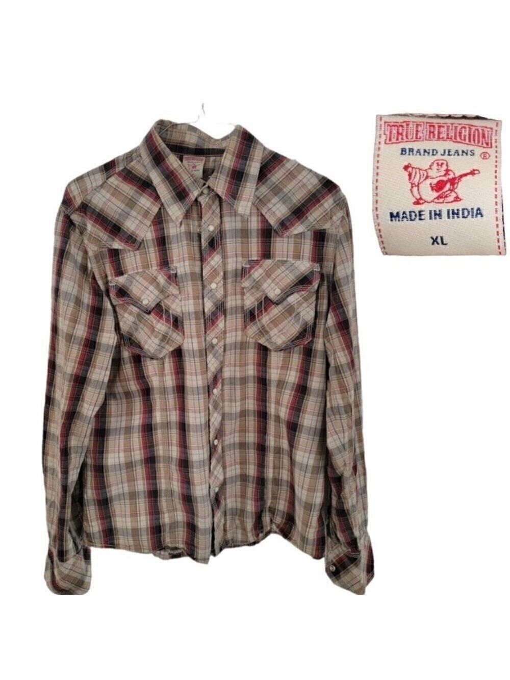 Mens True Religion Jeans Brand Plaid Pearl Snap Button Shirt XL
